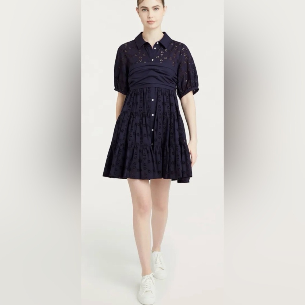 Cinq a Sept NWT‎ Alexie Dress 100% Cotton Navy Eyelet Lace Tie Mini Dress Size 8